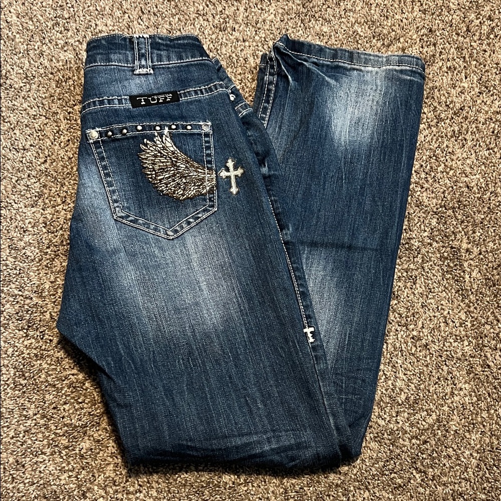 Cowgirl Tuff Dark Blue Denim Jeans with Wing & Cross Embroidery